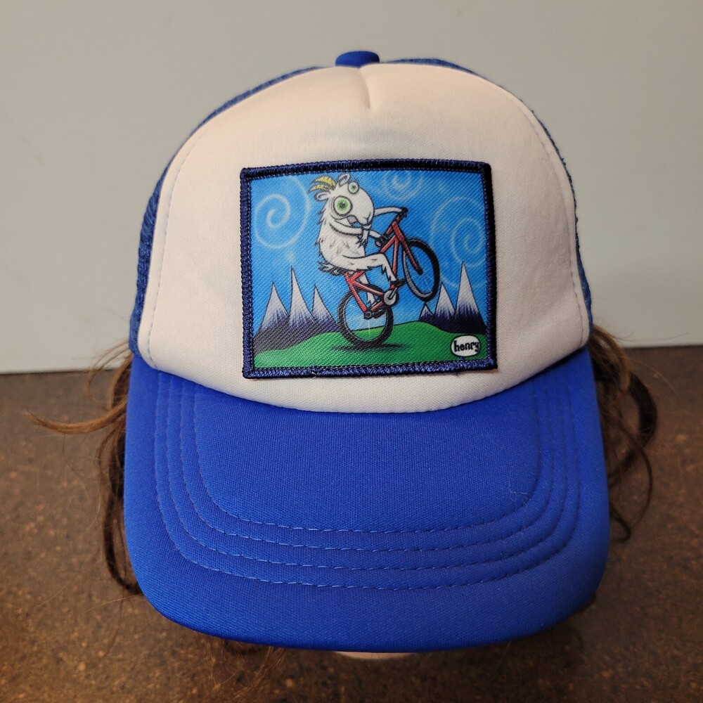 Mega Cap Trucker Hat Toddler Blue White Goat Biking Mesh Adjustable Snapback
